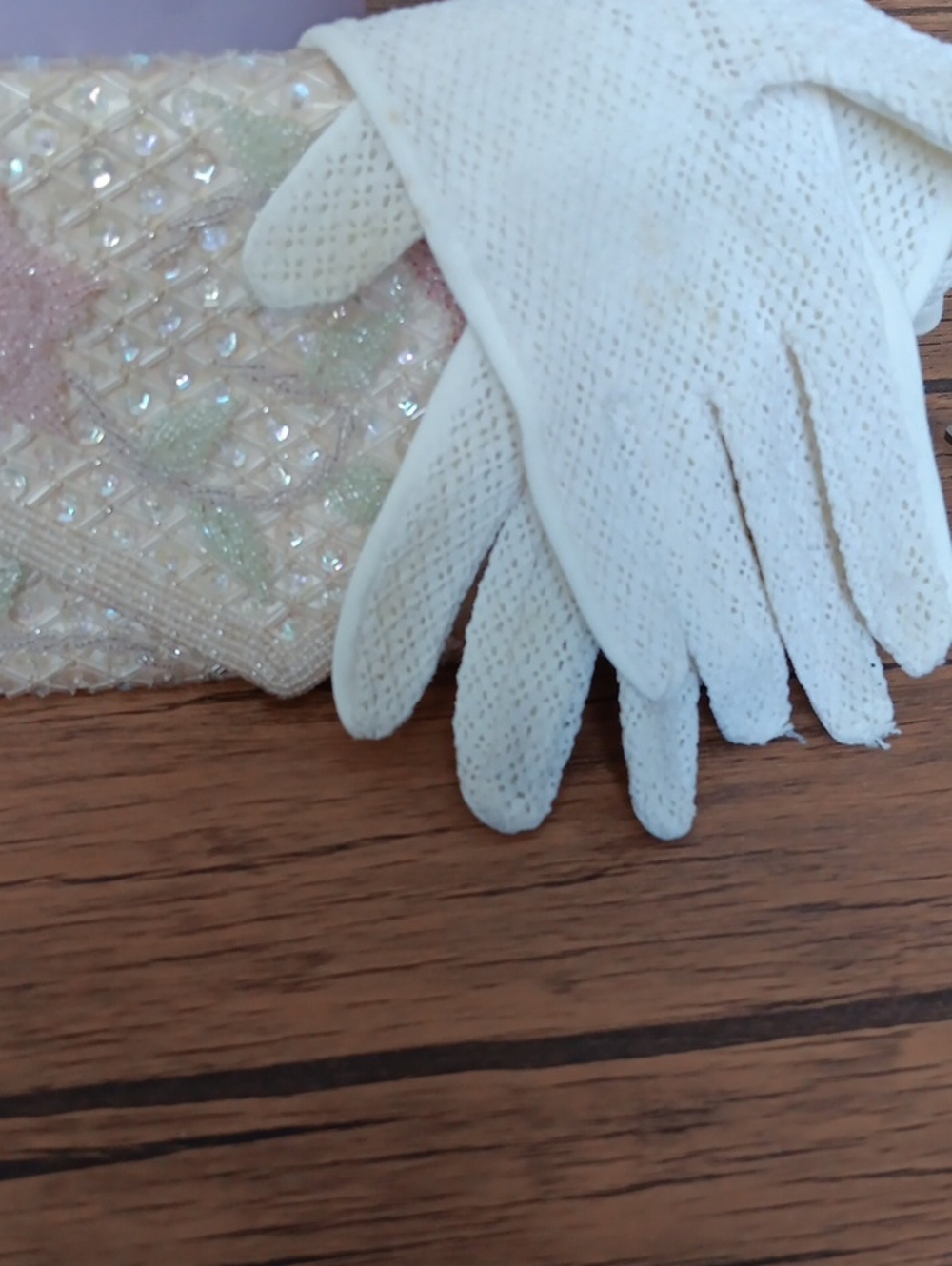 Bridal Vintage Bundle,CreamCrochet Ladies Gloves - And Beaded Bag